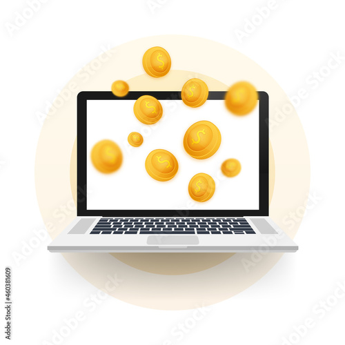 Golden coin jackpot win on gold background. Vector icon. Golden background. Casino on laptop jackpot.