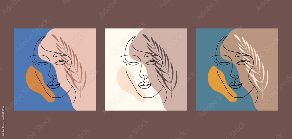 Poster line woman face with leaf set. One-line drawing style. Vector illustration for design clothes, card, notepad, poster. Poster line woman face with leaf set. One-line drawing style. Vector illustration for design clothes, card, notepad, poster.