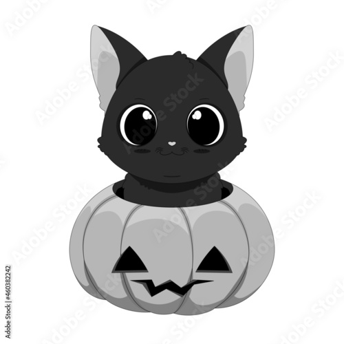 Czarny uroczy kot w dyni. Halloween. Cukierek albo psikus! Mały zabawny kotek. Czarno-biała ilustracja wektorowa.