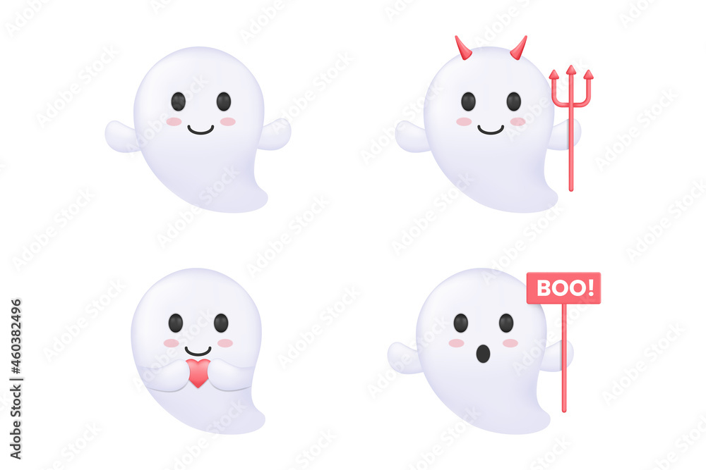 smiling ghost horned holding heart and boo icon white background smiling ghost horned holding heart and boo icon white background