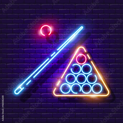 Billiard ball, cue and table neon icon. Vector illustration for design. Sports concept. Signboard for pool club.