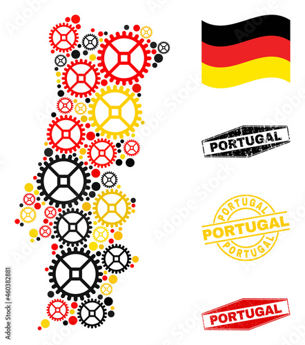 Service Portugal map composition and stamps. Vector collage is designed with repair service icons in various sizes, and German flag official colors - red, yellow, black.