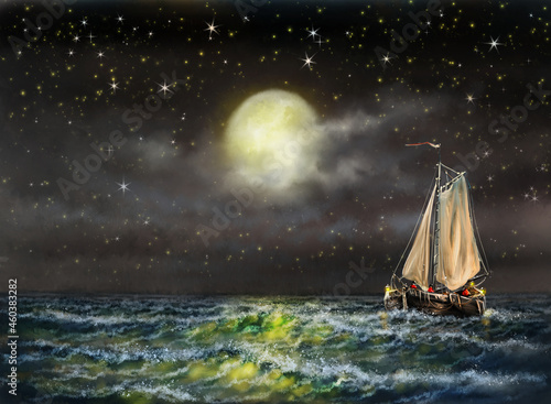 Digital oil paintings sea landscape, fishing boat, old ship in the night sky, boat over the moon