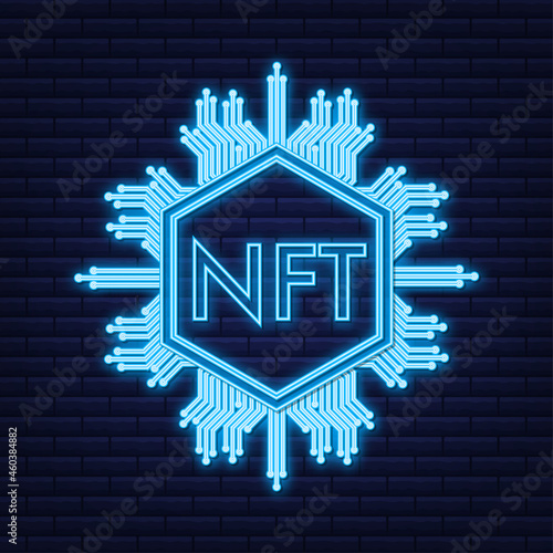 Neon art pattern with nft for game background design. Crypto currency finance concept. Currency icon.