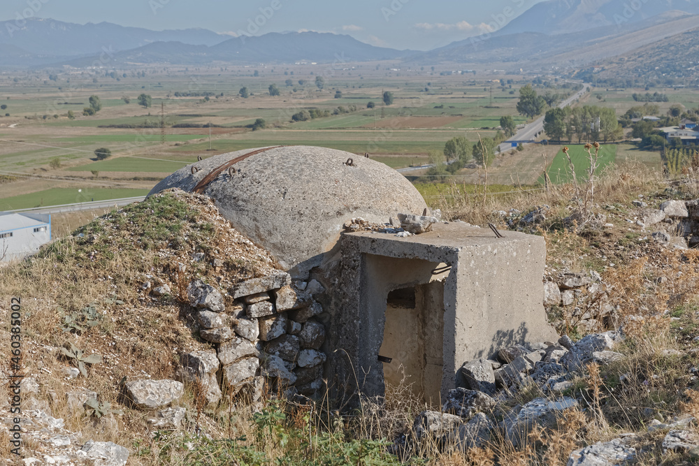 Concrete military bunker ruins built in communist era Albania