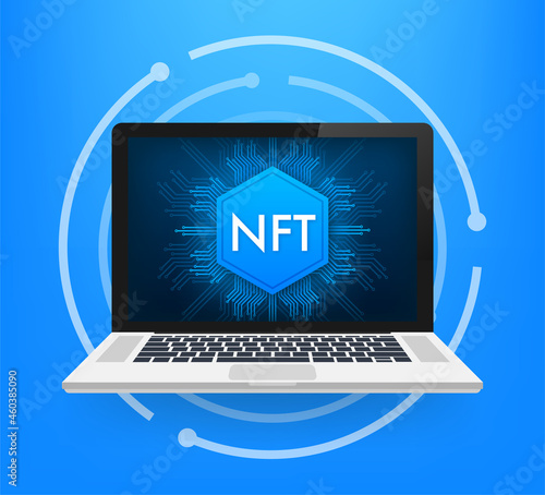 Flat illustration with nft laptop screen. Banner vector. Flat design. Vector design art.