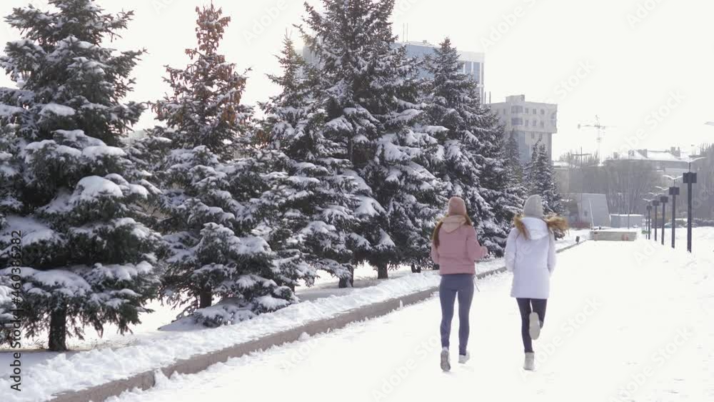Two fit, beautiful Caucasian girls are jogging in a snow-covered city park along the Christmas trees. The Concept Of Winter Sports And Recreation.Outdoor training in cold winter.fitness and motivation Two fit, beautiful Caucasian girls are jogging in a snow-covered city park along the Christmas trees. The Concept Of Winter Sports And Recreation.Outdoor training in cold winter.fitness and motivation
