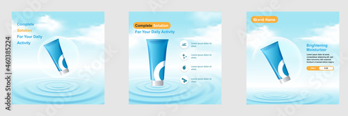 Minimal beauty cosmetic social media square post template banner in blue white color with water ripple, cloud, sky. For product knowledge, display, price, catalog, tips.