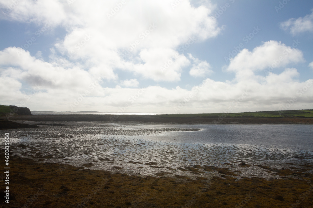 View from Loweer Sky Road near Clifden County Galway of mudflats in sunshine selective focus