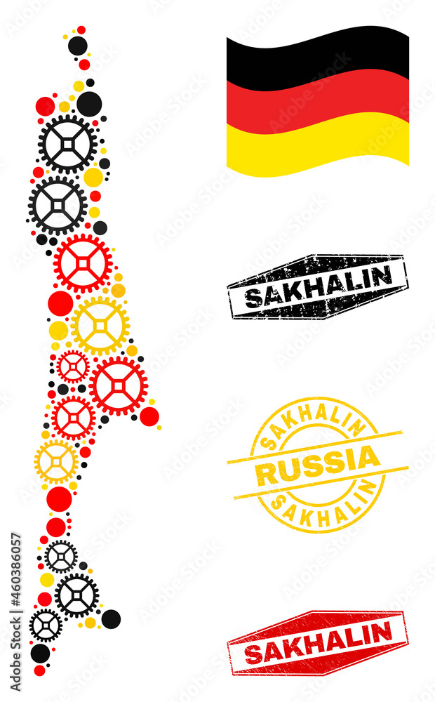 Mechanics Sakhalin Island map collage and stamps. Vector collage is formed of repair workshop elements in variable sizes, and Germany flag official colors - red, yellow, black.