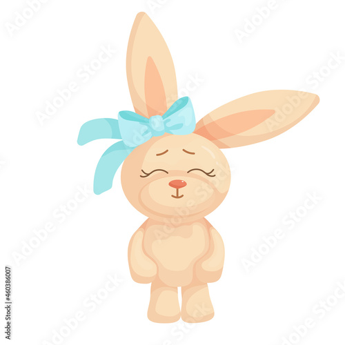 Children's toy plush bunny with bow.Cartoon vector graphics.