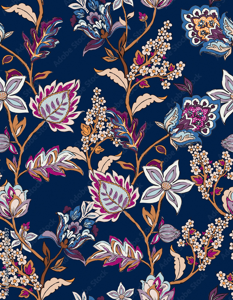 Colorful asian style floral pattern. Navy background floral