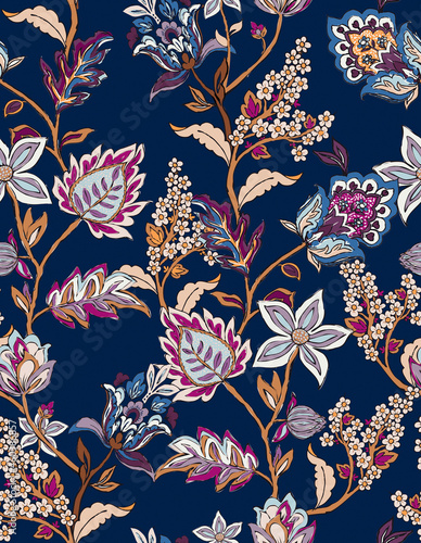Colorful asian style floral pattern. Navy background floral tapestry. 
paisley pattern with traditional indian style, design for decoration and textiles