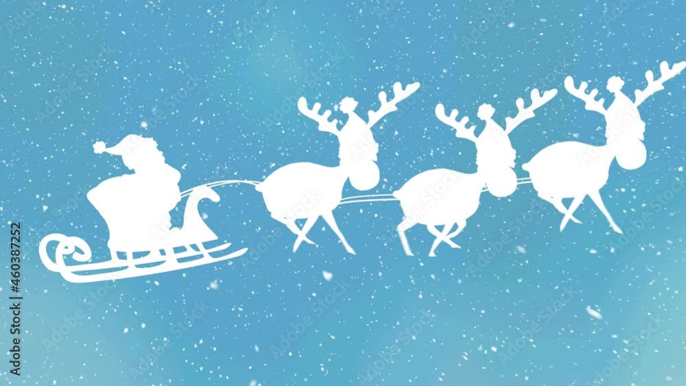 Snow falling over santa claus in sleigh being pulled by reindeers against blue background Snow falling over santa claus in sleigh being pulled by reindeers against blue background