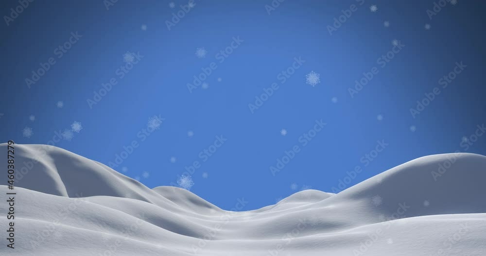 Animation of snowflakes falling over snow and blue background Animation of snowflakes falling over snow and blue background