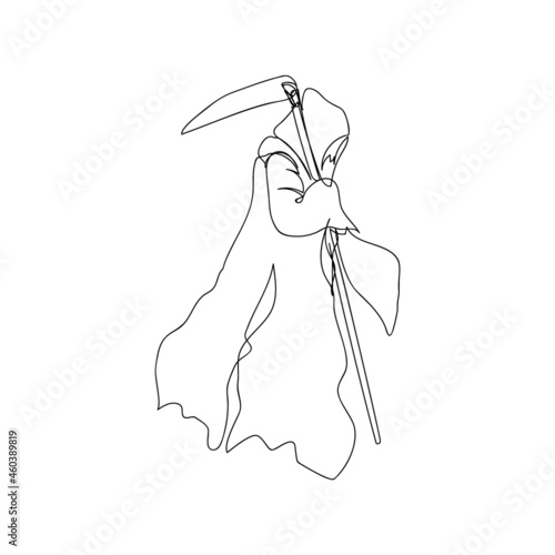 Grim Reaper one line art. Continuous line drawing of halloween theme, autumn mood, horrible, performance, fortune teller, magic attribute, halloween costume, spell.