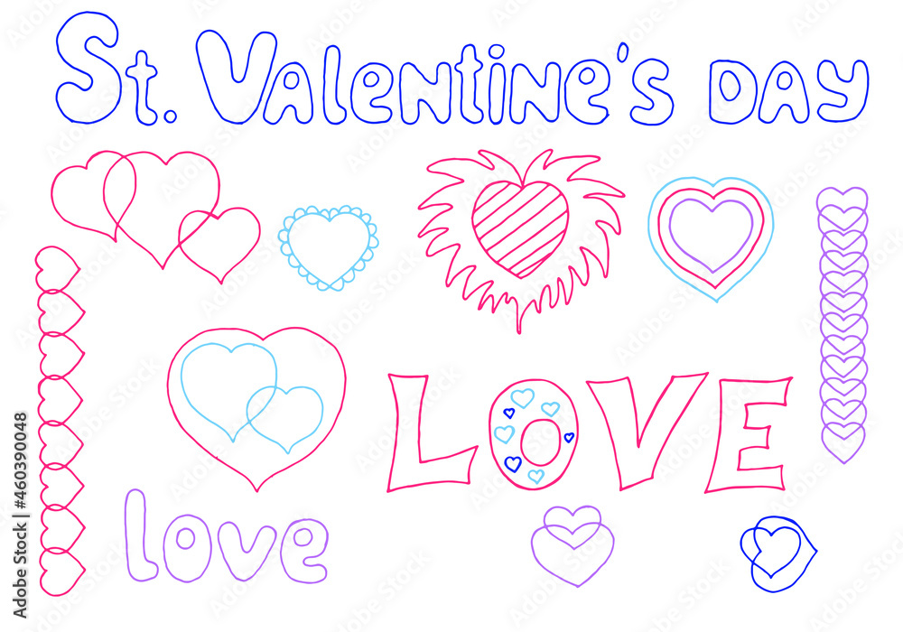 St. Valentine's day doodle set isolated on white background. Love lettering and decorative hearts for greeting card, border, wallpaper, invitation, poster, banner or other use. Vector illustration. St. Valentine's day doodle set isolated on white background. Love lettering and decorative hearts for greeting card, border, wallpaper, invitation, poster, banner or other use. Vector illustration.