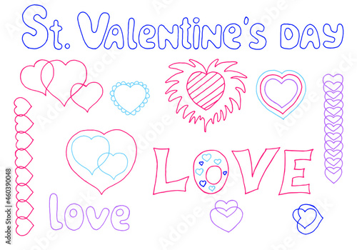 St. Valentine's day doodle set isolated on white background. Love lettering and decorative hearts for greeting card, border, wallpaper, invitation, poster, banner or other use. Vector illustration.