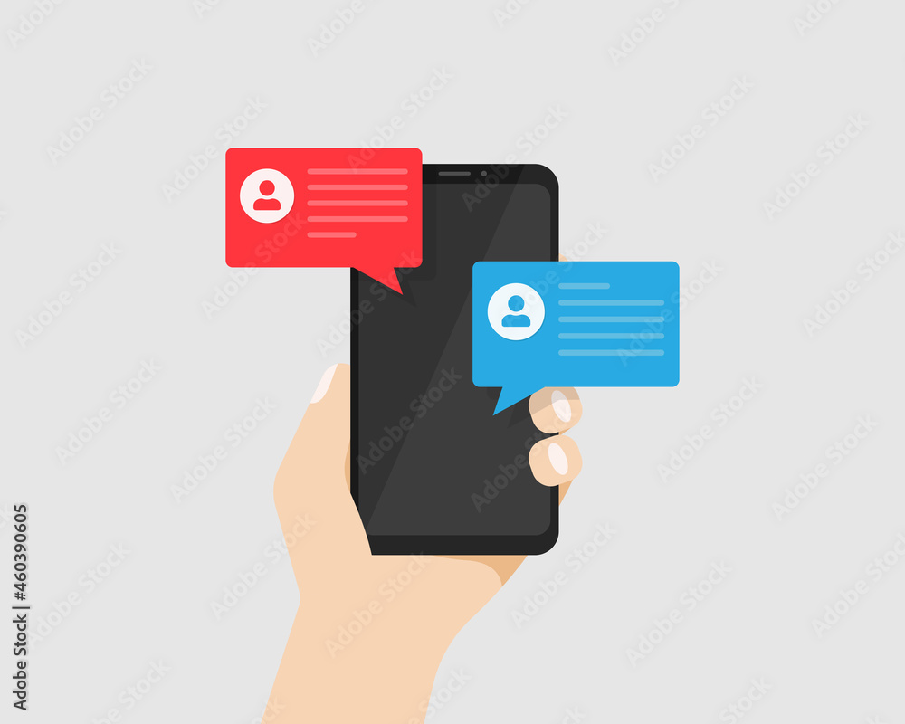 Hand holding Smartphone with messages notification on display. Chat bubbles with message on phone screen isolated. Vector illustration EPS 10 Hand holding Smartphone with messages notification on display. Chat bubbles with message on phone screen isolated. Vector illustration EPS 10