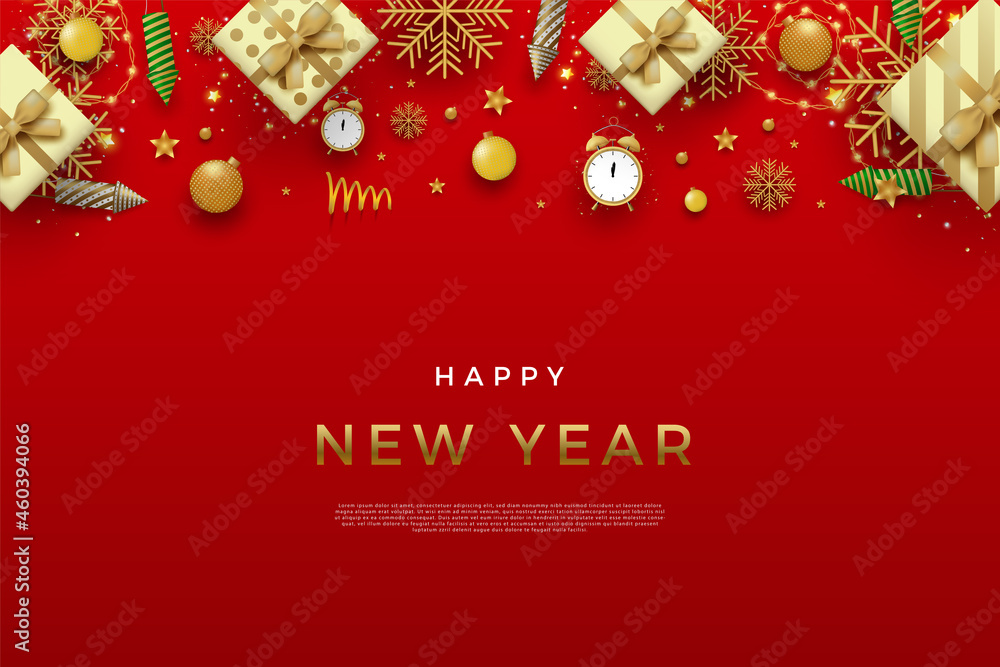 Happy new year on red background with realistic clock decoration Premium Vector.