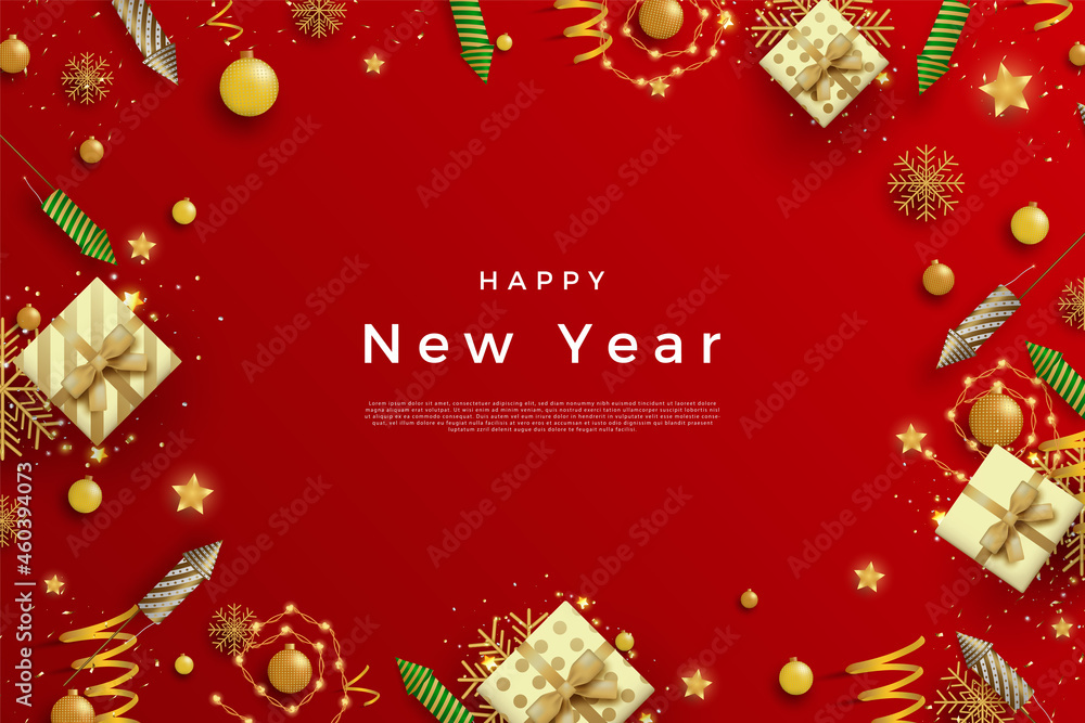 Happy new year with sweet gift boxes and celebration firecrackers Premium Vector.