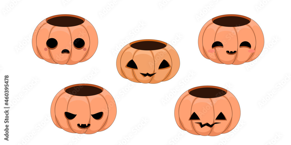 Zestaw dyń na Halloween. Śmieszne twarze. Wydrążone dynie na jesienne święto. Kolekcja zabawnych październikowych dekoracji. Ilustracja wektorowa. Zestaw dyń na Halloween. Śmieszne twarze. Wydrążone dynie na jesienne święto. Kolekcja zabawnych październikowych dekoracji. Ilustracja wektorowa.