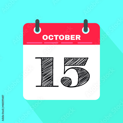 Icon page calendar day - 15 October. Date day week Sunday, Monday, Tuesday, Wednesday, Thursday, Friday, Saturday. 15th days of the month, vector illustration flat style. Autumn holidays in October