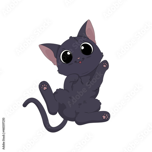 Ręcznie rysowany uroczy mały kotek. Wektorowa ilustracja zadowolonego, rozbawionego kota. Słodki, zabawny zwierzak. Obrazki dla dzieci.	