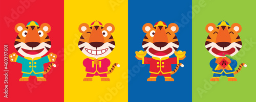 2022 chinese new year. Collect set of flat design cartoon cute tiger wearing chinese traditional costume with different poses on colourful background