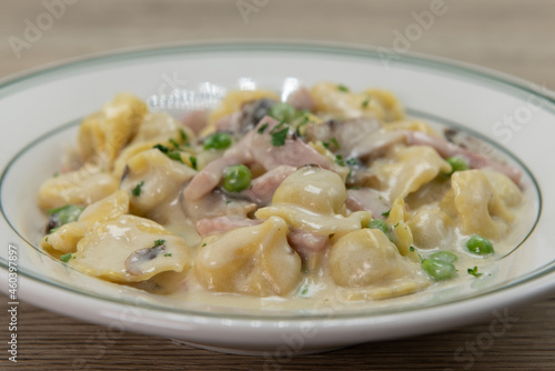 Tortellini alla piemontese chicken pasta in a creamy mushroom sauce served in a bowl for a very hearty Italian meal