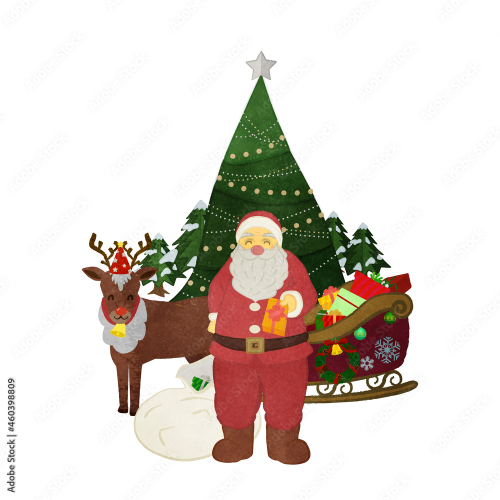 Santa Claus handing out presents with the tree in the background Santa Claus handing out presents with the tree in the background