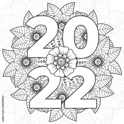Happy new year 2022 banner or card template with mehndi flower