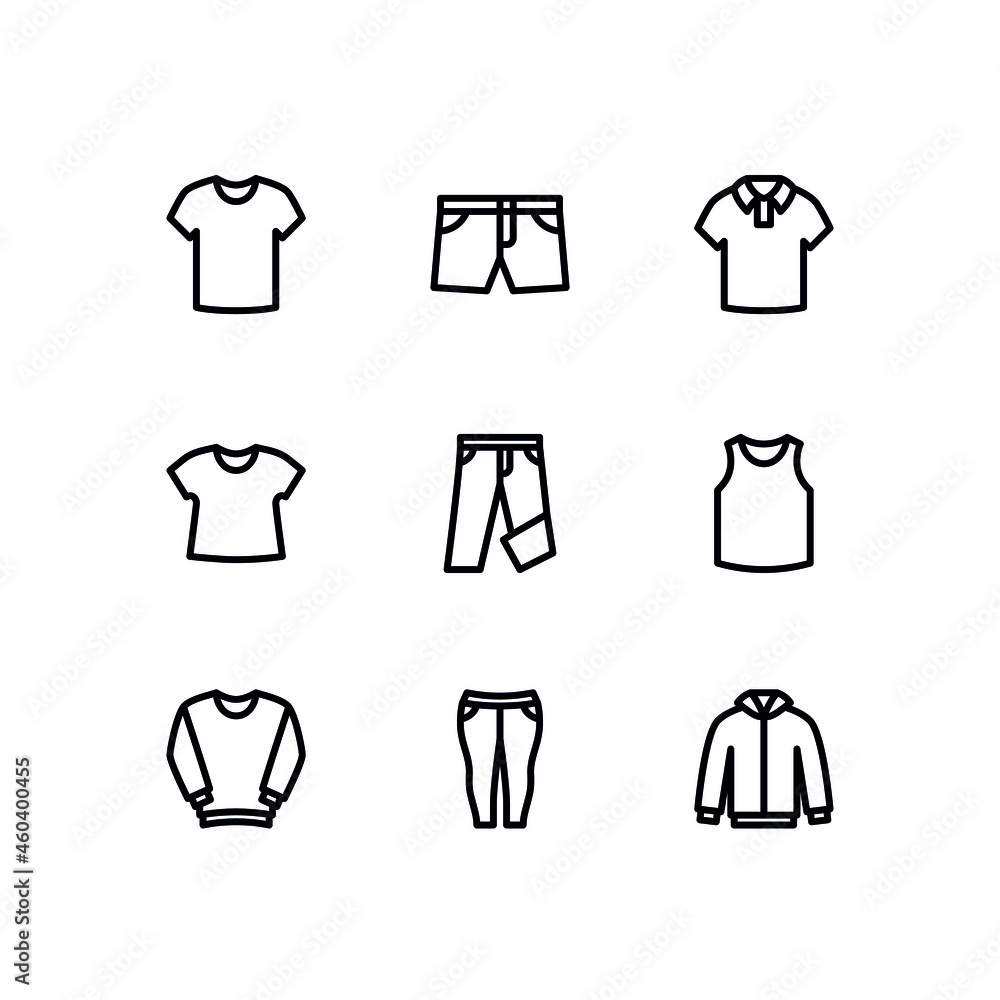 Clothing line icon set. Contains such icons as shirt, shorts, tank top, jacket and pants. Clothing line icon set. Contains such icons as shirt, shorts, tank top, jacket and pants.