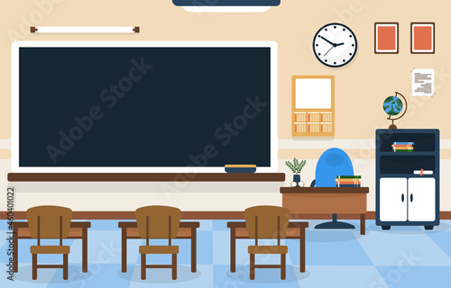 Class School Nobody Classroom Blackboard Table Chair Education Illustration © jongjawi