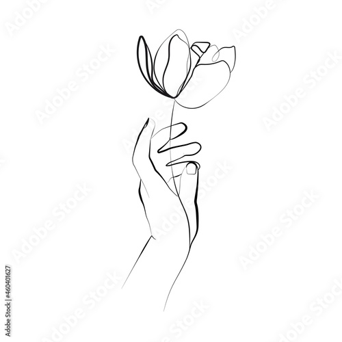 One Line Drawing Vector Flower and Hand. Floral Modern Single Line Art, Aesthetic Contour. Perfect for Home Decor, Posters, Prints, Wall Art, Tote Bag, t-shirt, Sticker, Mobile Case. Flower Drawing.