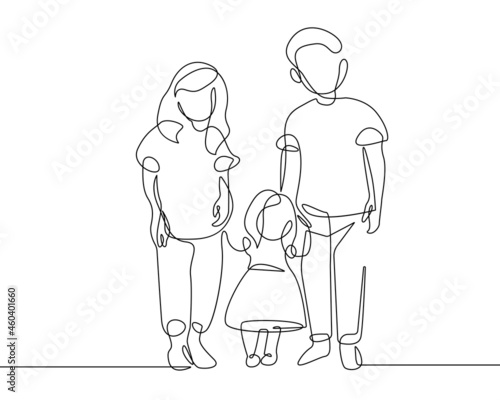 Happy Family Continuous Line Drawing. Parents with Baby One Line Drawing. Mother and Father with Baby Minimalist Illustration. Vector EPS 10.