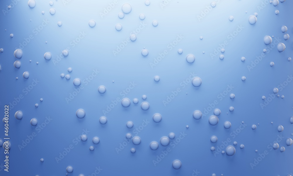 Droplet water drop on blue glass background. Bubble in water. Abstract and nature concept. 3D illustration rendering