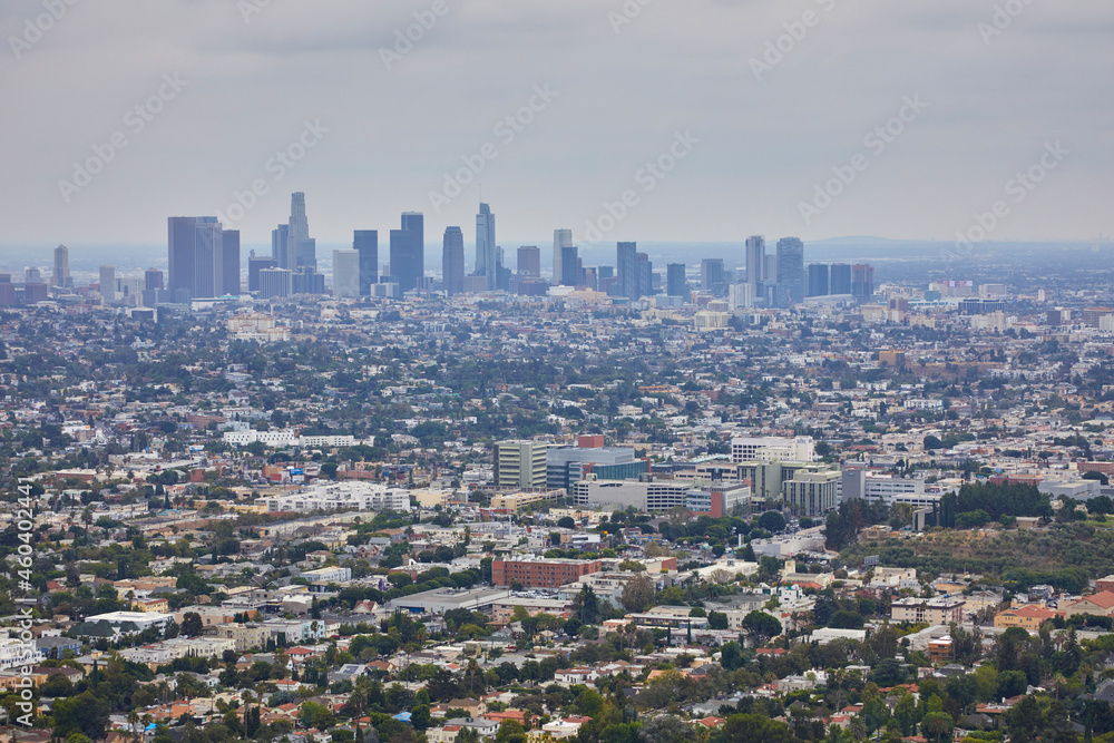 Downtown Los Angeles California skyline from the Hollywood Hills from a high angle