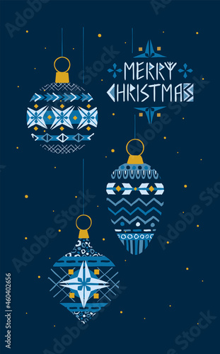Vertical christmas decorations background in scandinavian style with folk ornaments and merry chrismas text. Also can be used as separated design elements.