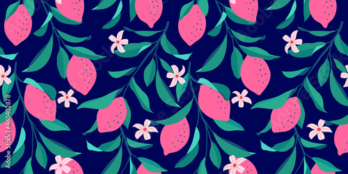 Wallpaper Mural Lemon seamless pattern. Trendy summer background. Vector bright print for fabric or wallpaper. Torontodigital.ca