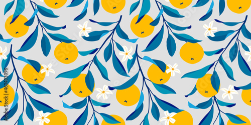 Seamless pattern with oranges. Trendy summer background. Vector bright print for fabric or wallpaper.