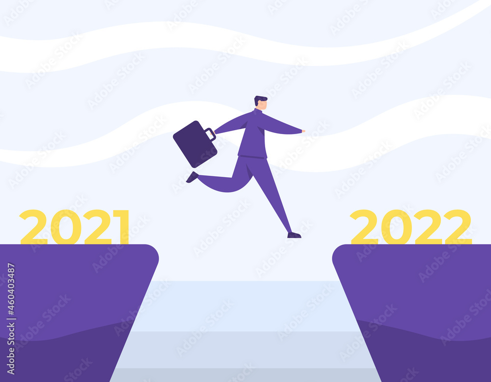 illustration of an employee or businessman jumping from a cliff to the other side. concept of change from 2021 to 2022. moving forward, goals, hopes, overcoming obstacles and problems. flat cartoon illustration of an employee or businessman jumping from a cliff to the other side. concept of change from 2021 to 2022. moving forward, goals, hopes, overcoming obstacles and problems. flat cartoon