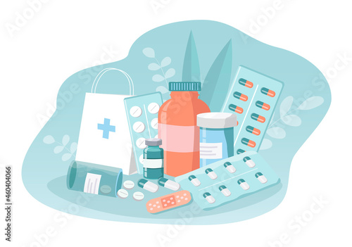vector illustration on the theme of pharmacy, drugstore, medicines, drugs, vitamins. various tablets, pills, tubes and jars of medicines, plaster and ampoule . thrend illustration in flat style
