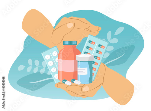 vector illustration on the theme of medicines, cold season, vitamins. hands hold various tablets, pills, tubes and jars of medicines. thrend illustration in flat style photo