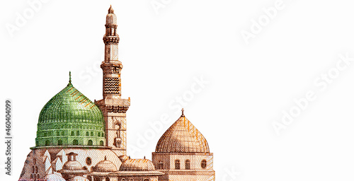 Photo minaret of Al-Masjid al-Nabawi (Prophets Mosque) in Medina and King Fahd