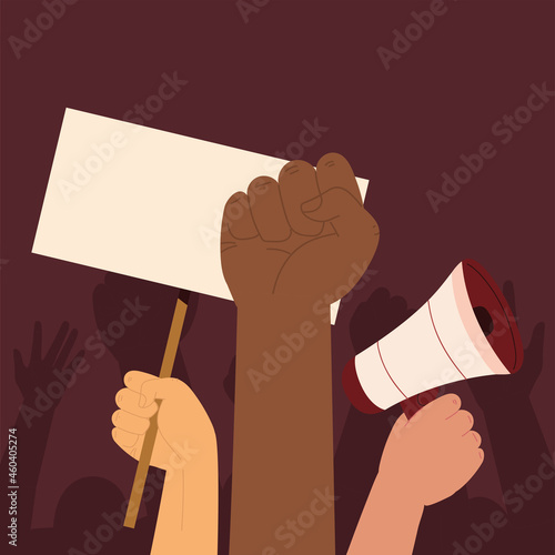 hands with banner and speaker