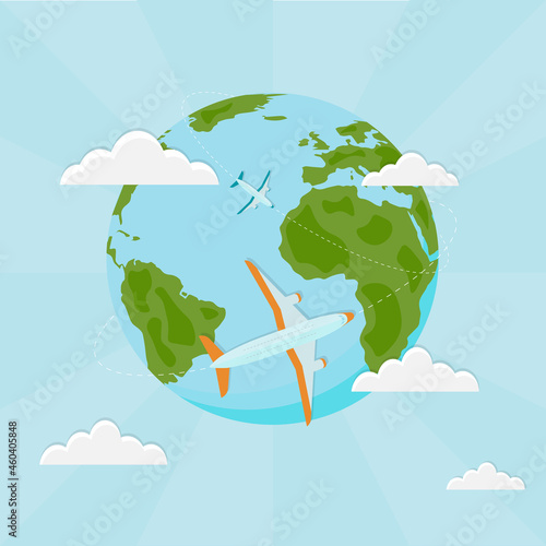 Passenger plane flying around the globe. Planet Earth. Plane. Around the world travelling by plane, airplane trip in various country. Planet Earth. Travel and tourism concept.	