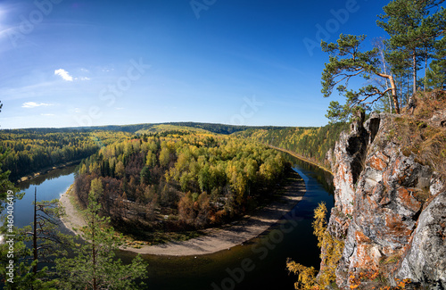 Chusovaya River with rocky shores in autumn, Ural, Russia
