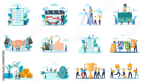 Targeting,office work,time management, contract conclusion, rating, new project.A set of flat icons vector illustrations on the topic of business and technology.