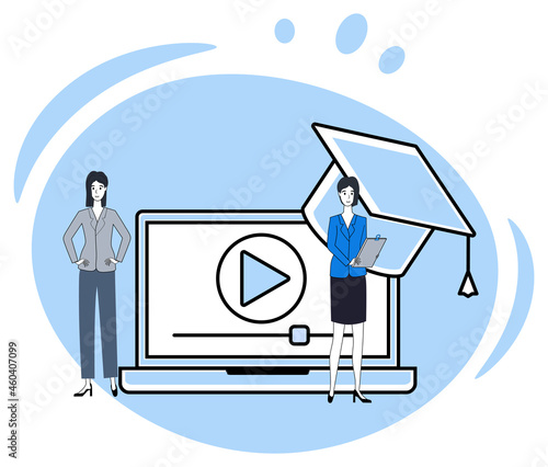 Video lessons.Use of the Internet for conducting training video conferences.People on the background of a laptop with video access.Flat vector illustration.